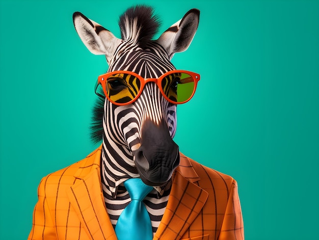 Ein Zebra im Anzug und orangefarbener Sonnenbrille