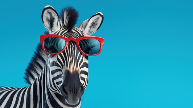 Ein Zebra in roter Sonnenbrille auf blauem Hintergrund Kopierraum KI Generativ