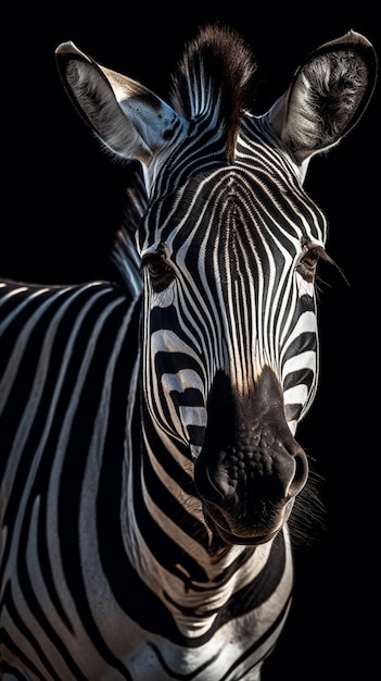 Ein Zebra mit schwarzen Streifen und schwarzem Hintergrund