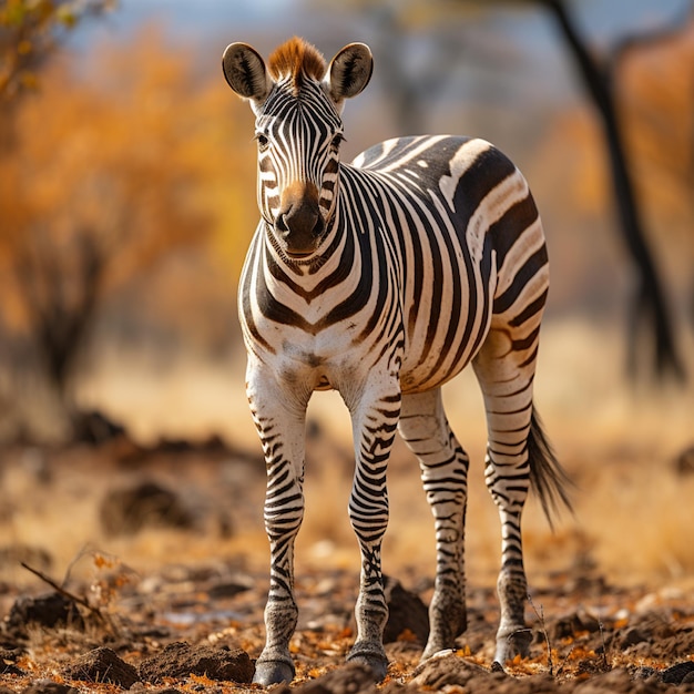 ein Zebra steht in einem Feld mit Bäumen im Hintergrund