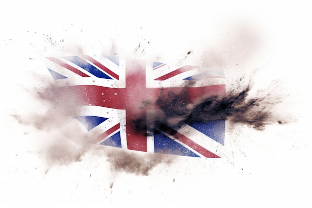 Ein Zeichen der Zeit Die britische Nationalflagge explodiert in einer Wolke aus feinem Pulver auf weißem Hintergrund