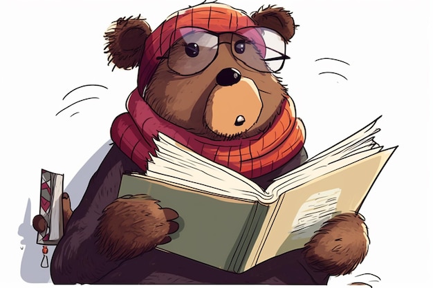 Ein Zeichentrickbär mit Brille, der ein Buch liest.