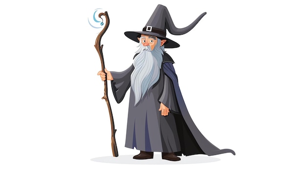 Ein Zeichentrickcharakter mit einem langen weißen Bart und einem spitzen Hut, er trägt eine lange schwarze Robe und hält einen Zauberstab.