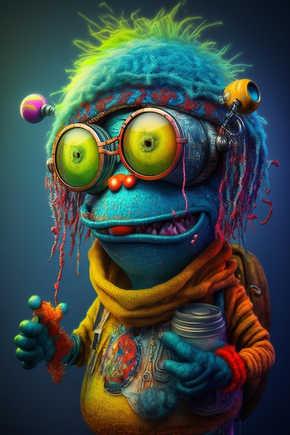 Ein Zeichentrickfigur-Monster im 3D-Stil der Hippies