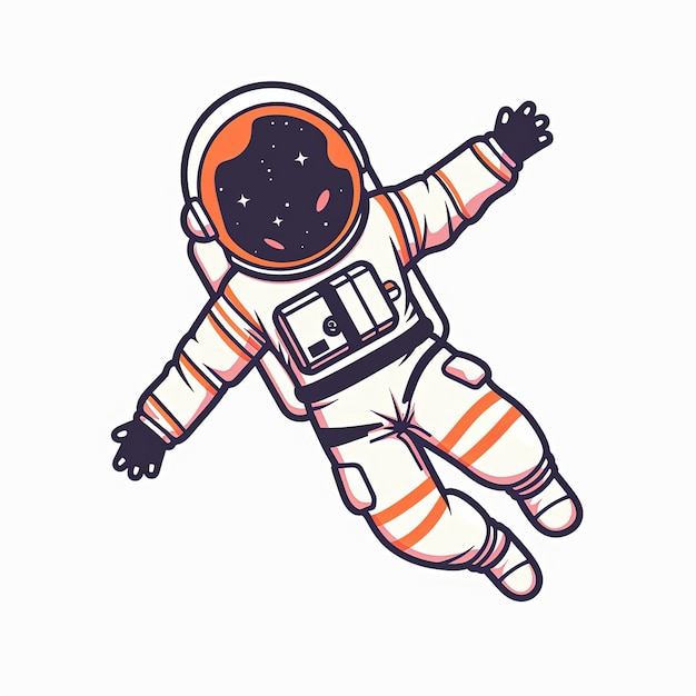Ein Zeichentrickfilm-Astronaut schwebt mit einem Lächeln auf dem Gesicht im Weltraum