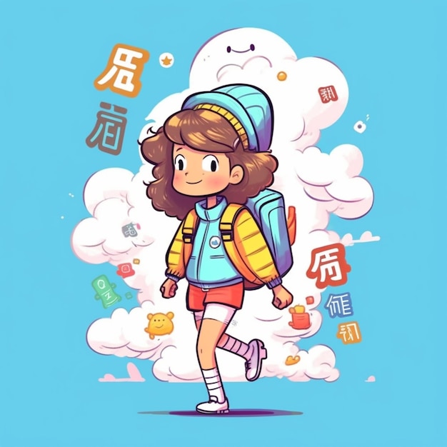 Ein Zeichentrickfilm-Mädchen mit Rucksack und einem Rucksacksack geht generativ ai