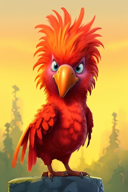 ein Zeichentrickfilmbild eines roten Vogels mit gelbem Hintergrund