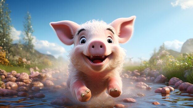 Ein Zeichentrickfilmschweinchen in einer niedlichen Bauernlandschaft