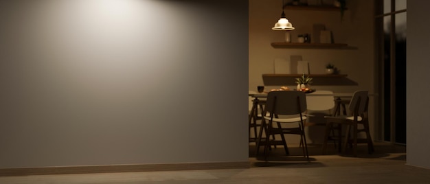 Ein zeitgenössischer minimalistischer Hauskorridor nachts mit einer Tür durch ein Esszimmer