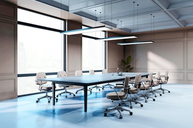 Ein zeitgenössischer Tagungsraum mit natürlichem Licht mit einem langen Tisch und ergonomischen Stühlen in einem modernen Büroraum 3D-Rendering