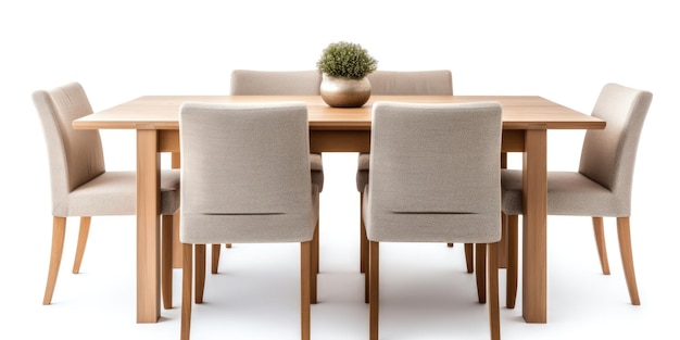 Ein zeitgenössischer Tisch aus Holz, der auf einem weißen Hintergrund mit Stoffstühlen isoliert ist