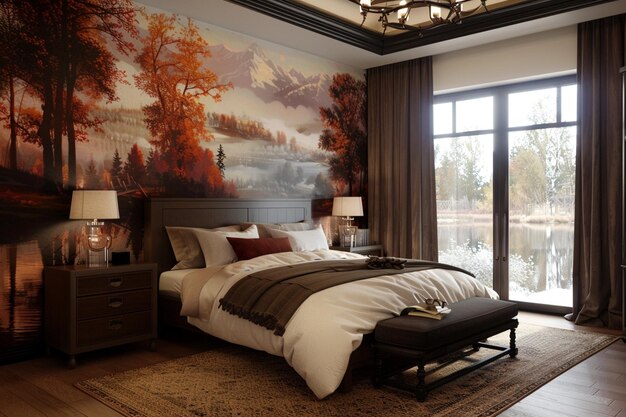Ein zeitgenössisches Schlafzimmer mit einem Wandgemälde