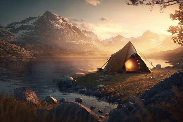 Ein Zelt am See bei Sonnenuntergang