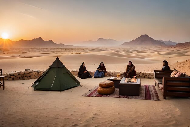 ein Zelt in der Wüste mit Bergen im Hintergrund