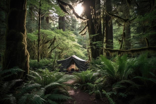 Ein Zelt in einem üppigen und grünen Wald, umgeben von hoch aufragenden Bäumen, die mit generativer KI geschaffen wurden