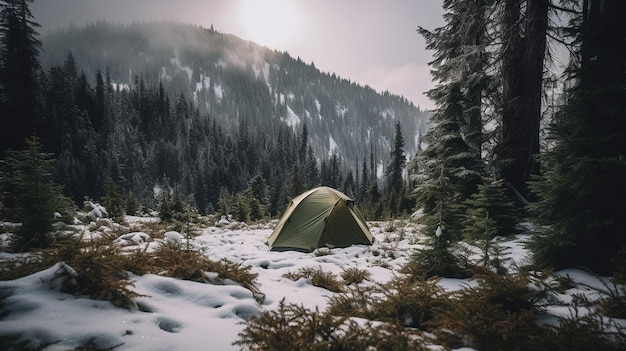 Ein Zelt in einem verschneiten Wald, auf das die Sonne scheint.