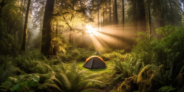 Ein Zelt in einem Wald, in dem die Sonne durch die Bäume scheint.