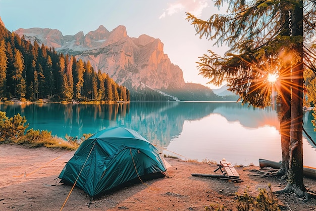Ein Zelt in einer abgelegenen Wildnis aufstellen, umgeben von hohen Gipfeln und alpinen Seen, Wanderlust