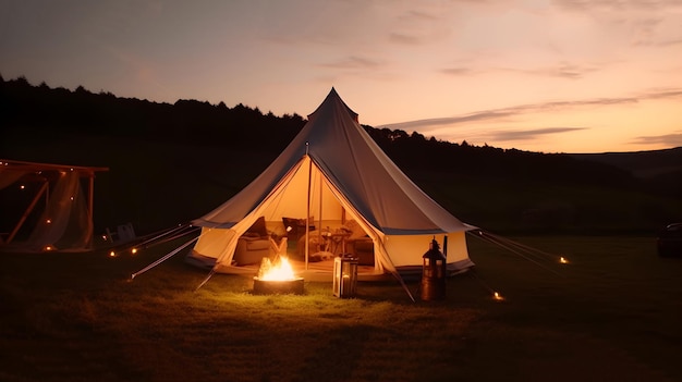 Ein Zelt mit einem Feuer am Himmel in der Abenddämmerung