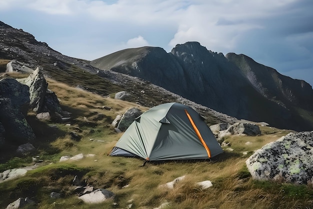 Ein Zelt sitzt auf einer Bergseite mit einem Berg im Hintergrund.