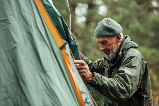 Ein Zeltreparaturmann repariert ein zerrissenes Zelt und zeigt, wie man Zelte reparieren kann