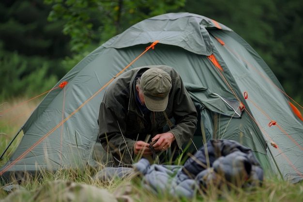 Ein Zeltreparaturmann repariert ein zerrissenes Zelt und zeigt, wie man Zelte reparieren kann