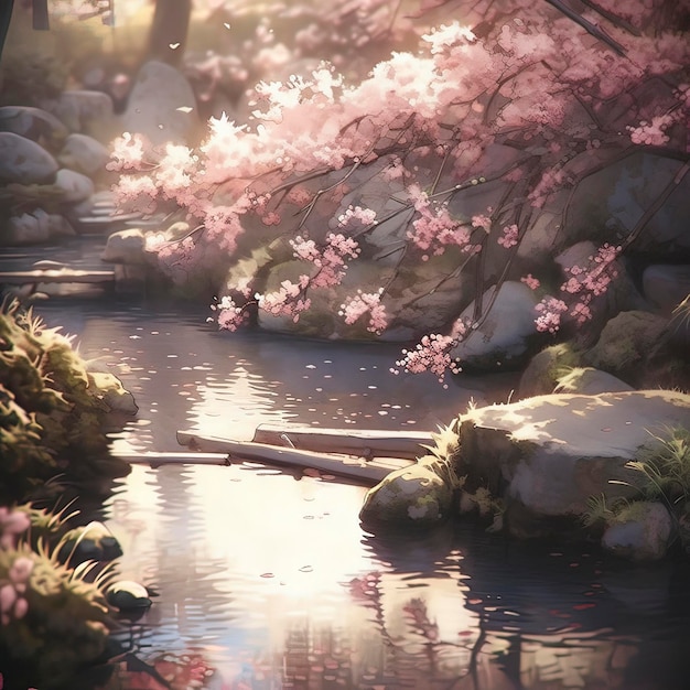Ein Zen-Garten, Kirschblütenbäume, kleine Brücke und ein Teich, ruhige Oberfläche.