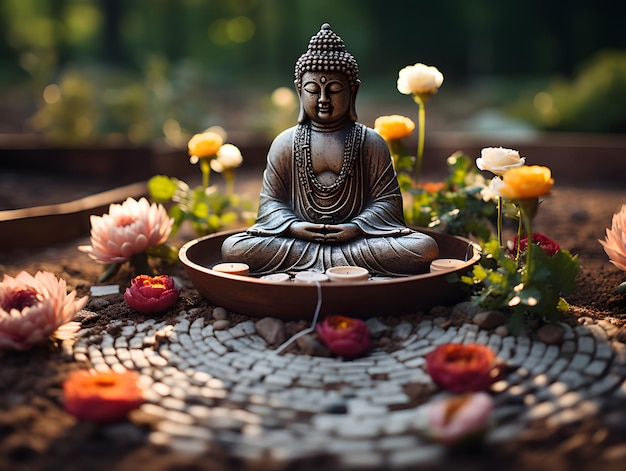 Ein Zen-Garten mit einer meditierenden Buddha-Statue