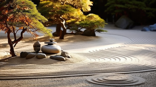 ein Zen-Garten mit Steinen und einem Kreis aus Wasser.