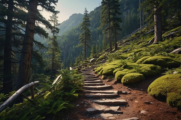 Ein zerklüfteter Bergweg, der sich durch einen dichten Wald schlängelt