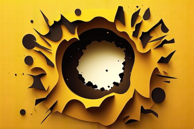 Ein zerrissenes schwarzes Loch auf einem Hintergrund aus gelbem Papier als Modell für das Schreiben oder Marketing