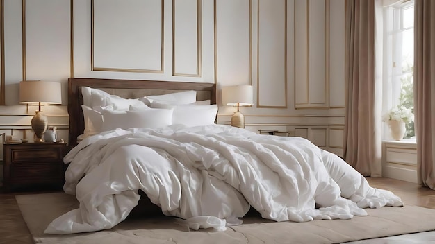 Ein zerrüttetes Bett mit weißen, unordentlichen Kissendekorationen im Schlafzimmer