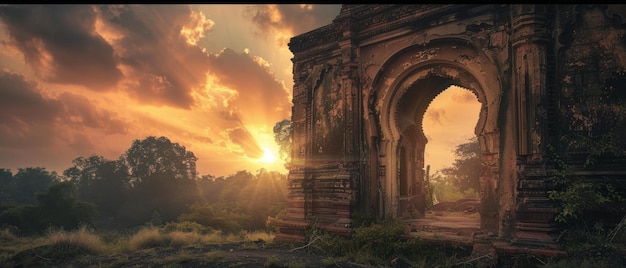 Ein zerstörter Bogen in einem alten Tempel in Indien bei Sonnenuntergang