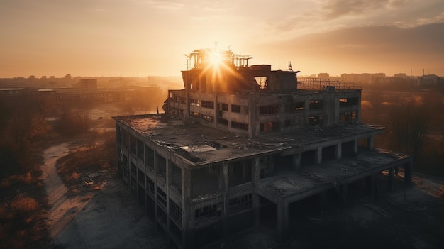 Ein zerstörtes Gebäude, während die Sonne über der Stadt untergeht