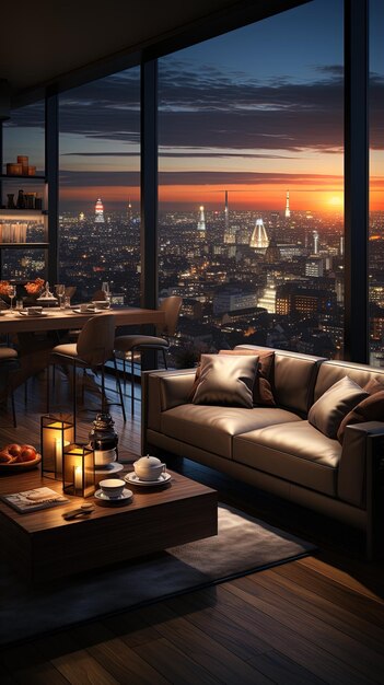 ein Zimmer mit Aussicht und eine Couch und ein Tisch mit Aussicht auf die Stadt