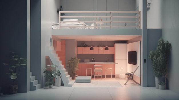 Ein Zimmer mit Balkon und einer Küche mit Tisch und Stühlen.