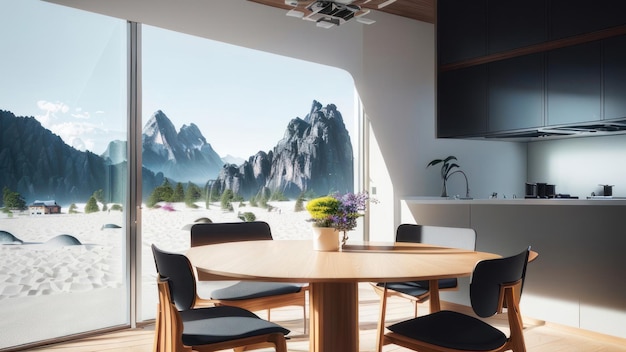 Ein Zimmer mit Bergblick und einem Tisch mit Stühlen