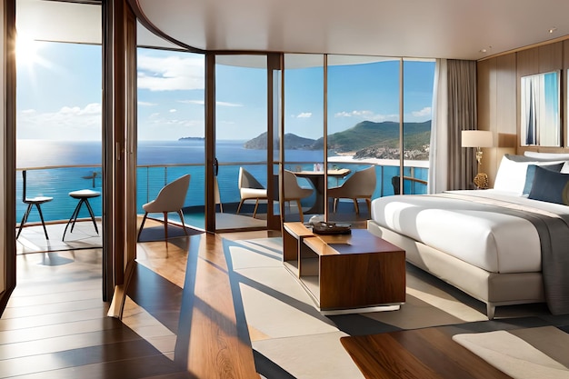 Ein Zimmer mit Blick auf das Meer und einem Bett mit Tisch und Stühlen