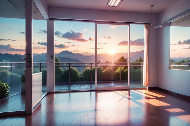 Ein Zimmer mit Blick auf die Berge und durch das Fenster scheint die Sonne.