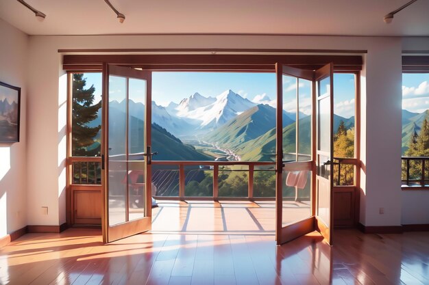 Ein Zimmer mit Blick auf die Berge und einer Tür mit der Aufschrift „Die Aussicht ist vom Balkon aus“