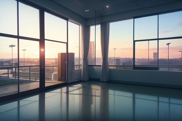 Ein Zimmer mit Blick auf die Stadt bei Sonnenuntergang