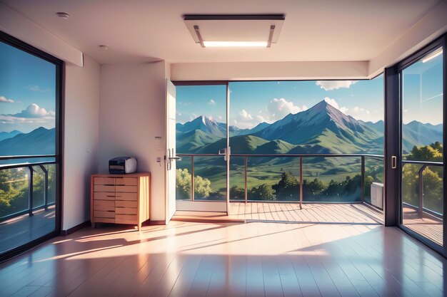 Ein Zimmer mit Blick auf eine Bergkette