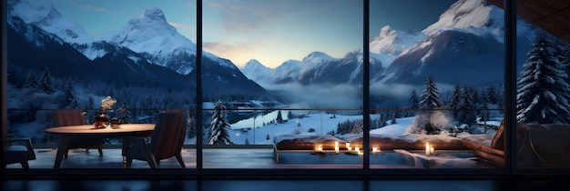 Ein Zimmer mit Blick auf eine verschneite Bergkette. Fensteransicht aus einem Glasfenster