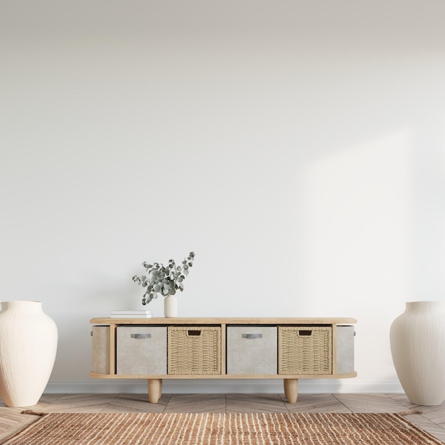 ein Zimmer mit drei Vasen und einem Tisch mit einer weißen Wand hinter ihnen