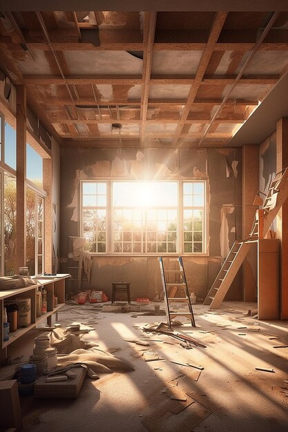 Ein Zimmer mit einem abgerissenen Fenster, auf dem das Wort „Zuhause“ steht.