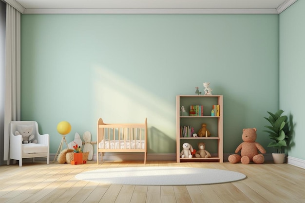 ein Zimmer mit einem Baby und einem Regal mit Spielzeug und einer Puppe in der Ecke.