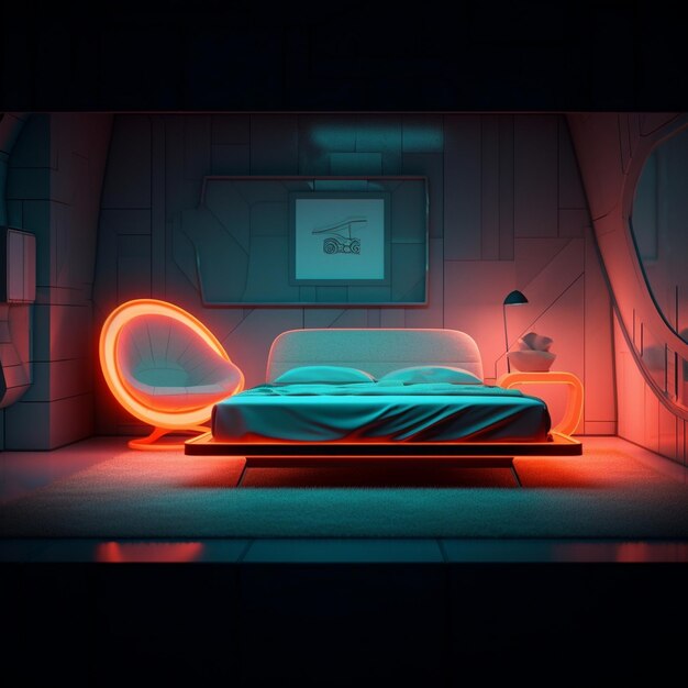 Foto ein zimmer mit einem bett und einem stuhl darin, retro-futuristisch