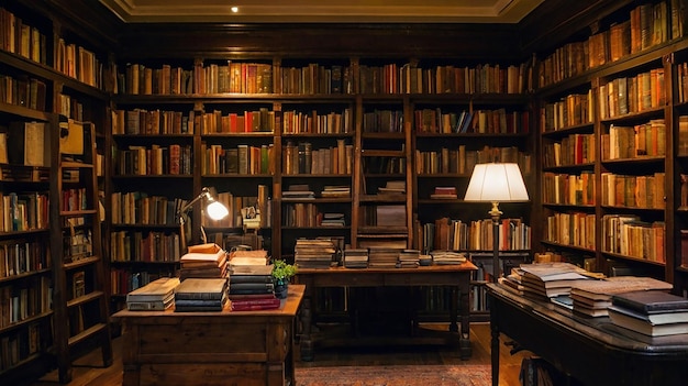 ein Zimmer mit einem Bücherregal voller Bücher und einer Lampe auf einem Schreibtisch