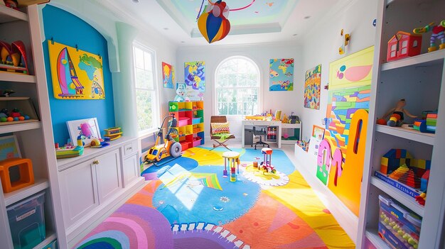 ein Zimmer mit einem bunten Teppich und einem Spielzeugwagen