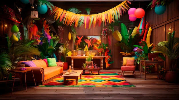 ein Zimmer mit einem farbenfrohen Parteitheam und ein Sofa mit einem farbigen Papierhandtuch, das von der Decke hängt